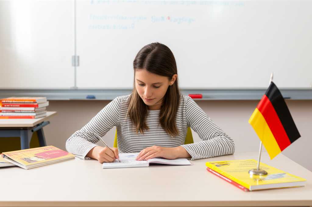 Sinh viên học ngữ pháp tiếng Đức với ví dụ về từ nối insofern trên bảng