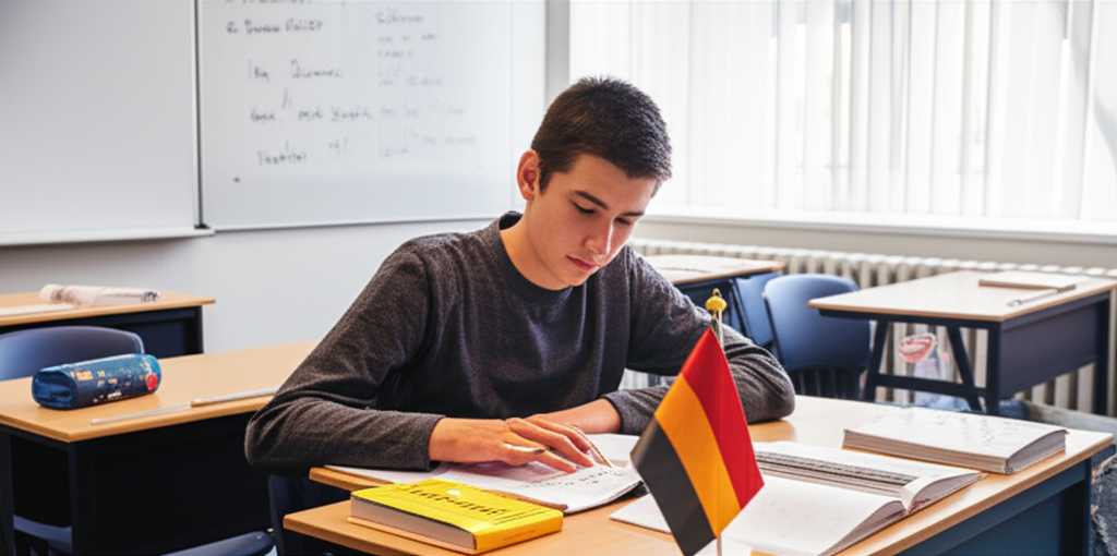 Học sinh đang học ngữ pháp tiếng Đức, với các ghi chú “womit” và “wofür” trên bảng trắng