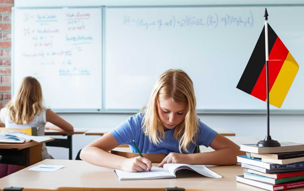 Học sinh đang học cách dùng dạng phủ định toàn câu trong ngữ pháp tiếng Đức tại một phòng học sáng sủa với cờ Đức và bảng trắng có ghi chú ngữ pháp.