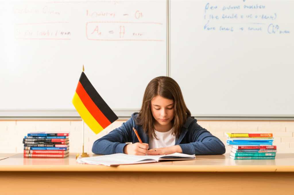 Học sinh học cấu trúc es geht um trong ngữ pháp tiếng Đức tại lớp học