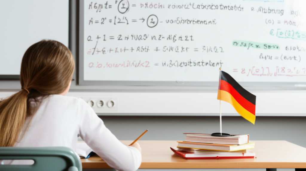 Học viên đang học cấu trúc ngữ pháp tiếng Đức 'es handelt sich um', bên cạnh sách vở và bảng trắng có nội dung tiếng Đức.
