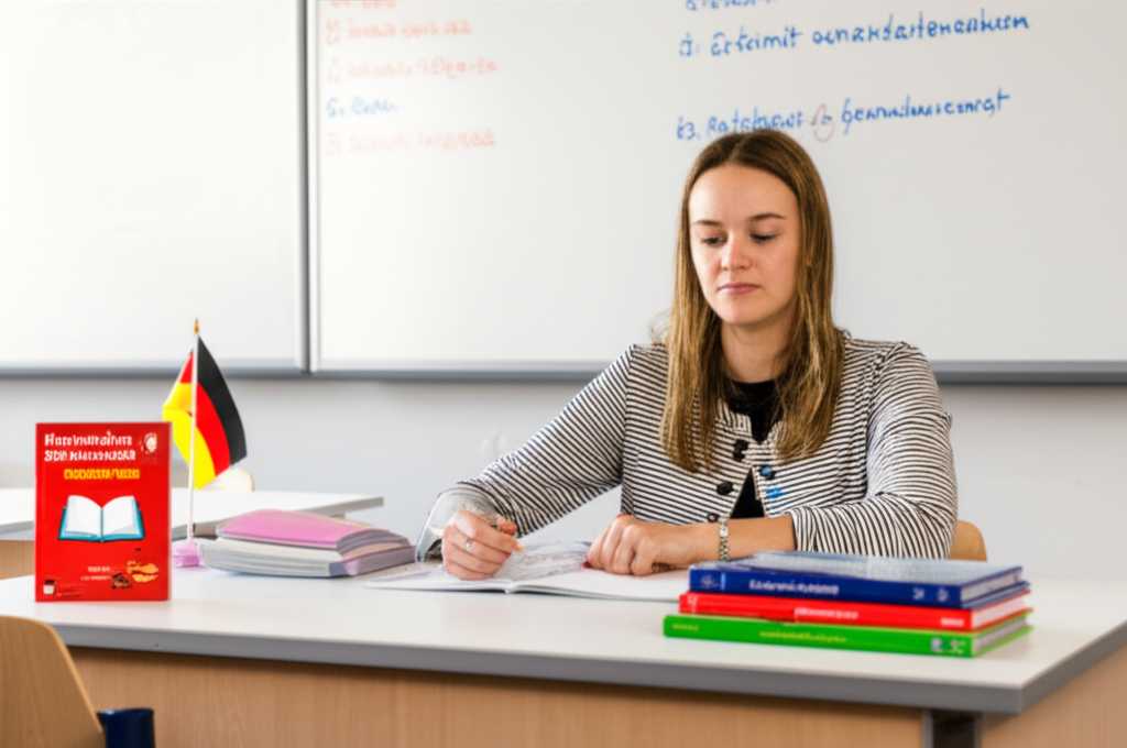 Ảnh một học sinh đang học ngữ pháp tiếng Đức với hình ảnh sơ đồ các động từ chứa giới từ kép trên bảng