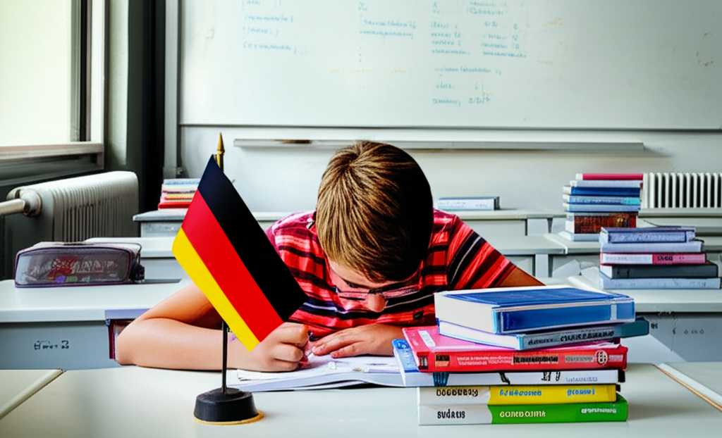 Hình ảnh học sinh học ngữ pháp tiếng Đức với từ 'so ... dass', có sách và bảng kèm cờ Đức