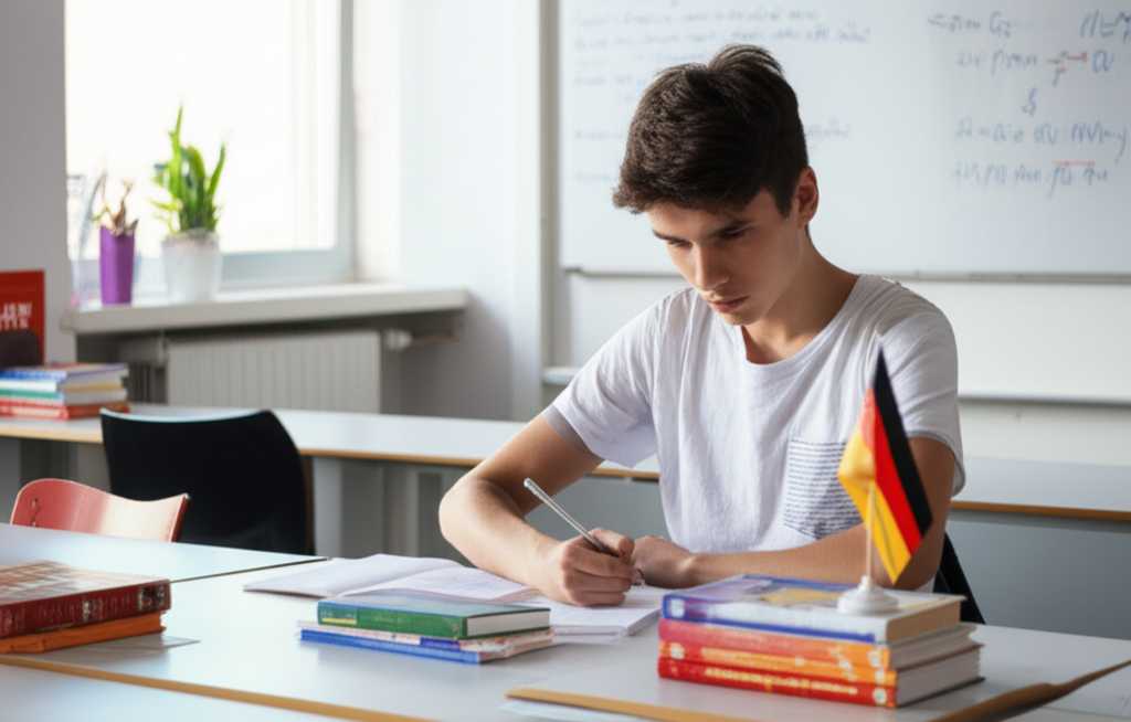 Sinh viên đang học về dạng câu với “ob” trong ngữ pháp tiếng Đức.