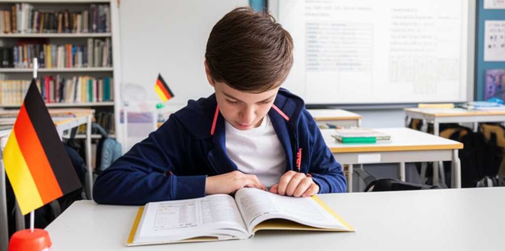 Ein aufgeklappter deutscher Grammatiklehrbuch zeigt Regeln zu 'selbst' auf einer hellen, sauberen Schreibtischoberfläche.